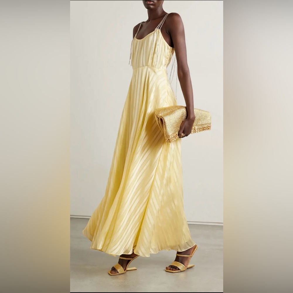 LOVESHACKFANCY Darralis Crystal-Embellished Striped Satin Maxi Dress Yellow Sz 6